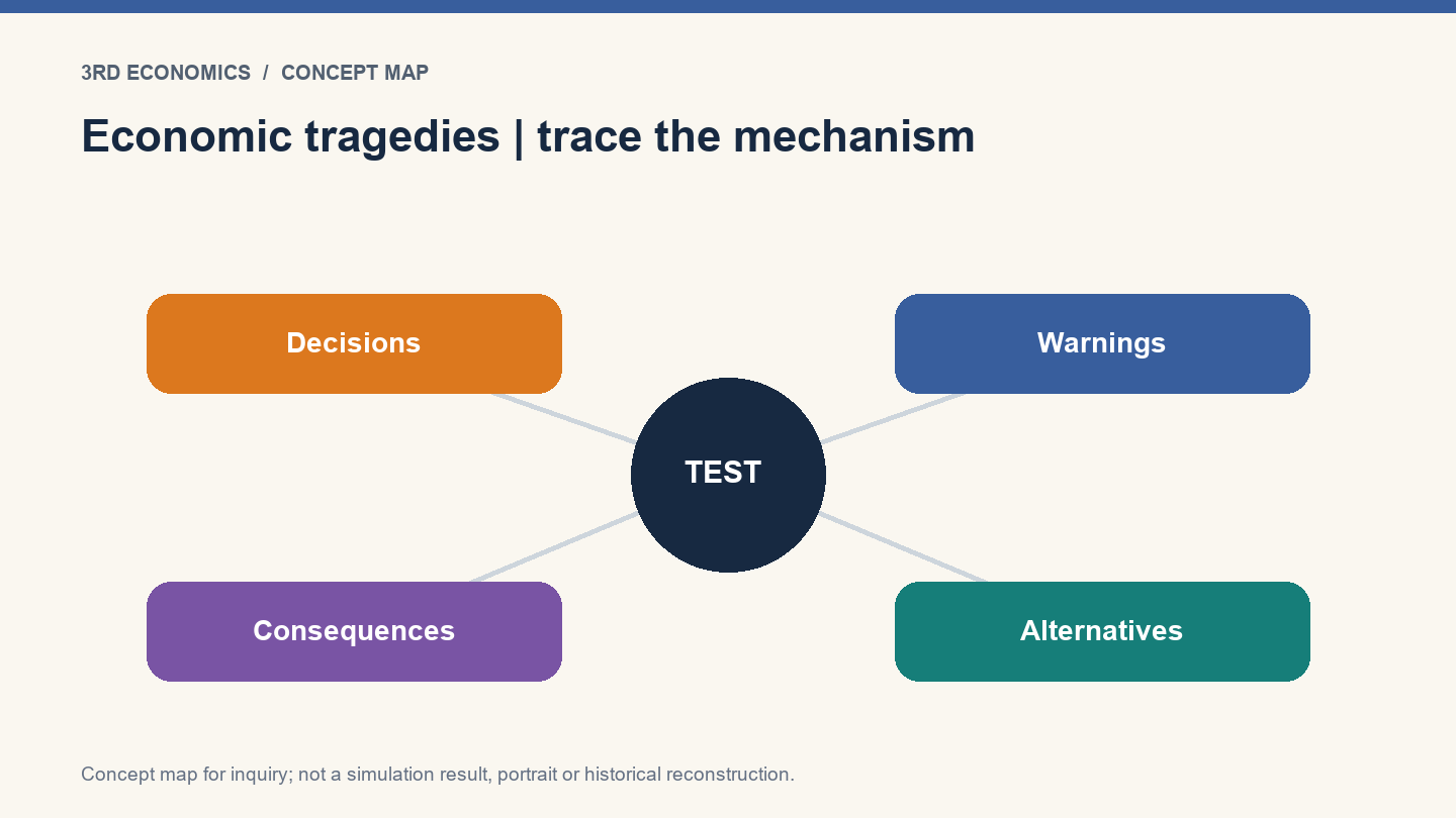 Economic tragedies | trace the mechanism. Conceptual relationship map, not measured results.