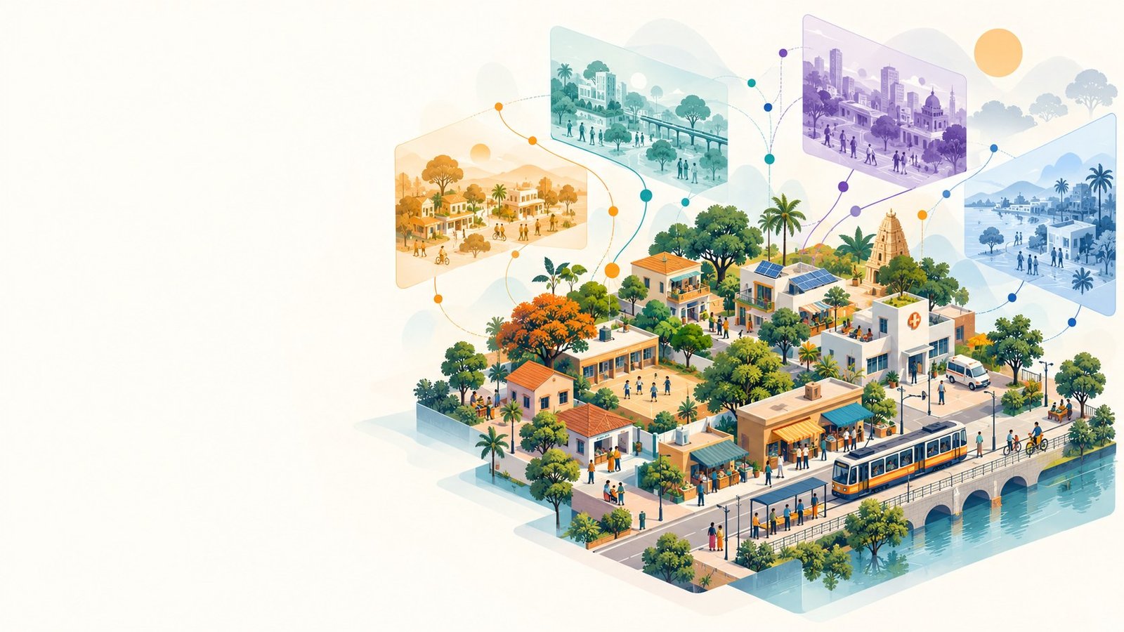 Illustrated neighbourhood with alternative economic futures; conceptual illustration.